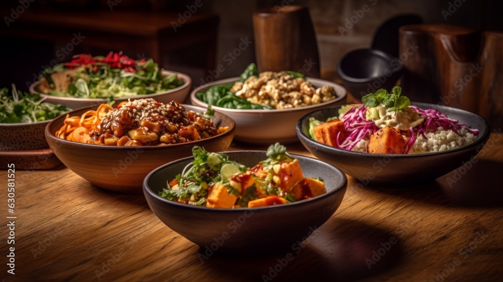 Flavorsome Delights: A Delectable Spread of Fresh, Healthy Vegetarian and Meaty Dishes for a Satisfying Dinner at a Charming Restaurant, generative AI