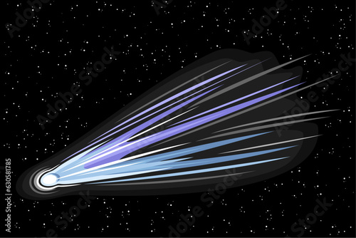 Vector illustration of Comet, horizontal astronomical poster with cartoon design shooting blue ice comet, line art cosmo print with futuristic purple comet in deep space on black starry background