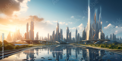 view of the city,futuristic city with beautiful buildings along a river