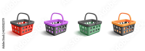 Set of supermarket shopping baskets, 3d render style illustrations in different brand colors