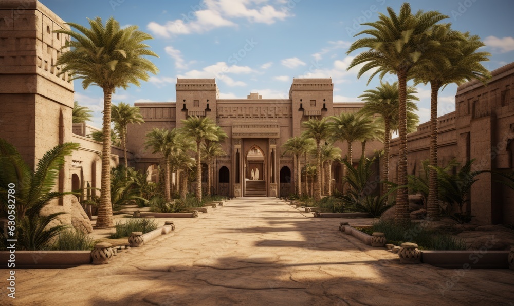The ancient Egyptian temple is nestled amidst lush palm trees, creating a picturesque scene.