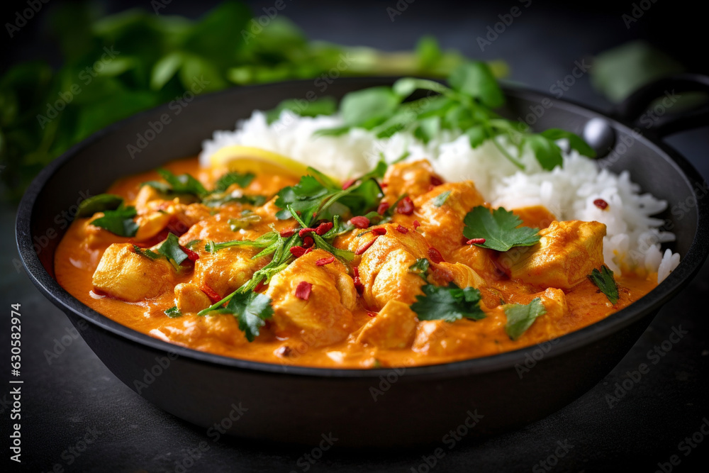 A bowl of spicy Thai green curry brimming with succulent prawns, crisp vegetables, and fragrant herbs. (Generative AI)