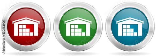 Warehouse, storage vector icon set. Red, blue and green silver metallic web buttons with chrome border