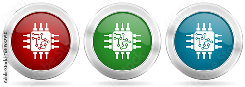 Circuit, technology, chip, processor vector icon set. Red, blue and green silver metallic web buttons with chrome border