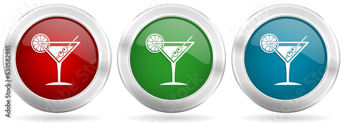 Tropical drink, alcohol, bar, martini in glass vector icon set. Red, blue and green silver metallic web buttons with chrome border