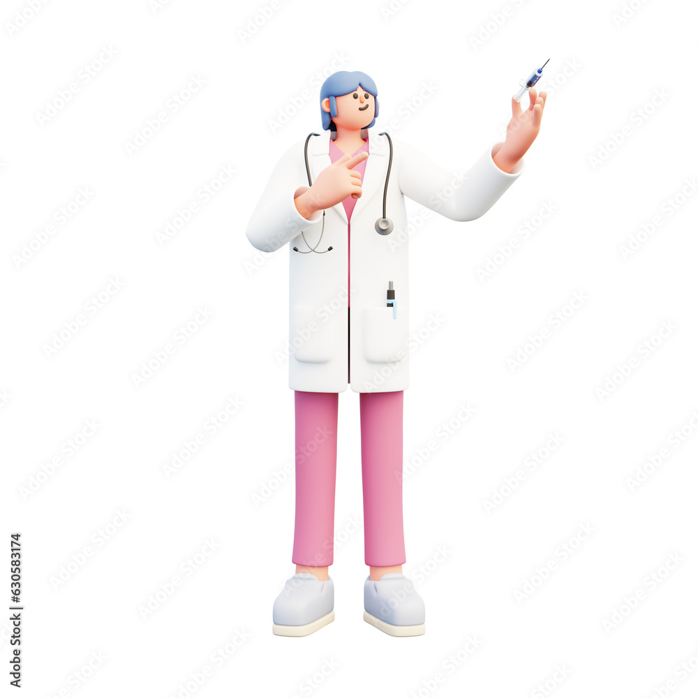 woman doctor holding srynge pointing at it 3d illustration woman doctor holding srynge pointing at it 3d illustration