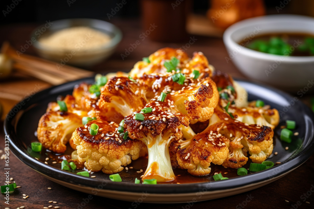 A decorated plate of sticky and spicy baked cauliflower. (Generative AI) A decorated plate of sticky and spicy baked cauliflower. (Generative AI)