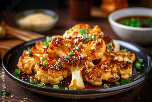 A decorated plate of sticky and spicy baked cauliflower. (Generative AI)