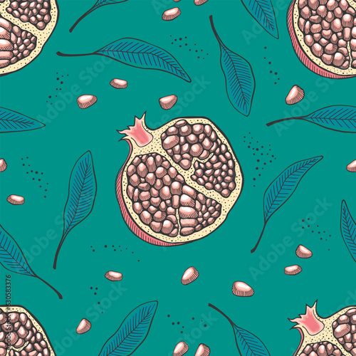 Seamless pattern. Pomegranate fruits and leaves. Retro graphics. 