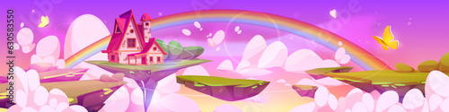 Fantasy house floating on magic island in sky. Vector cartoon illustration of fairy tale cottage flying on green land, rainebow, butterflies and shimmering particles around, game level platform