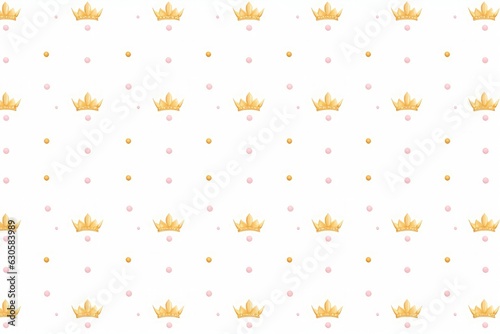Seamless pattern in retro style with a gold crown and pink polka dots on white background. Cute wallpaper for little princesses, Generative AI