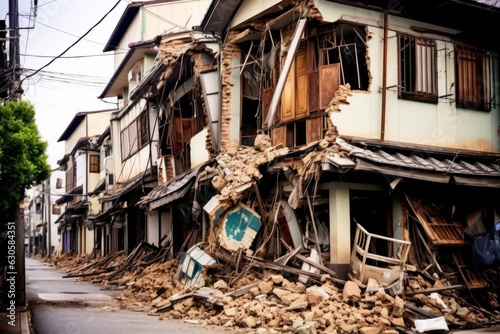 地震で崩れた民家：AI作品 