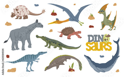 Cartoon dinosaur characters with funny prehistoric animals. Vector baby dinosaur and dino egg with cute mosasaurus  doedicurus  indricotherium and baryonyx  basilosaurus and sarcosuchus personages