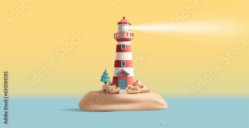 3d render illustration of a lighthouse on an island with beacon shining, red and white with rocks and trees around it