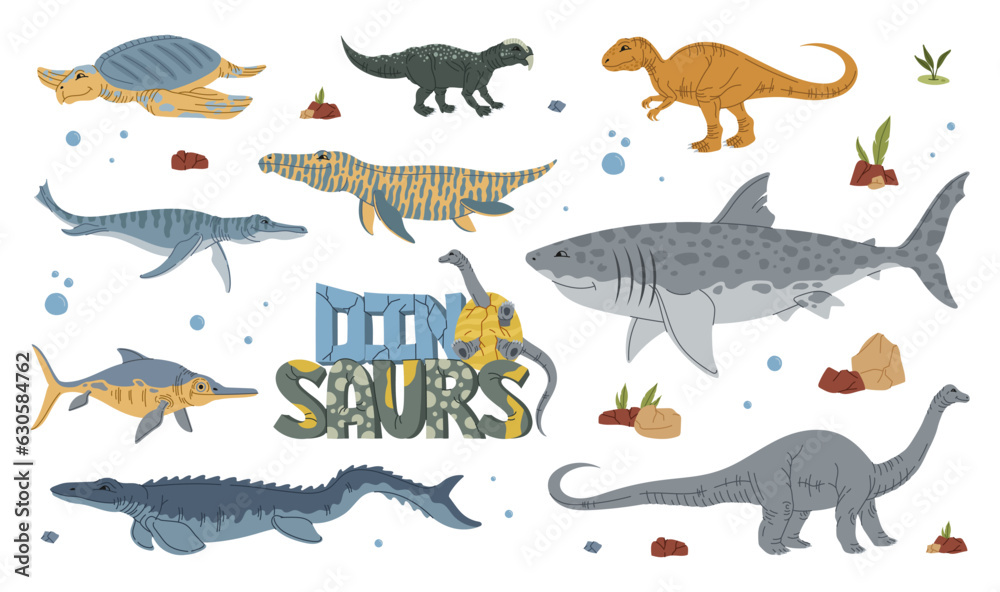 Cartoon dinosaur characters, Jurassic park dino reptiles and lizards, vector kids monsters. Dinosaurs and extinct reptiles of Jurassic aquatic creatures, brontosaurus and T-rex tyrannosaurus Cartoon dinosaur characters, Jurassic park dino reptiles and lizards, vector kids monsters. Dinosaurs and extinct reptiles of Jurassic aquatic creatures, brontosaurus and T-rex tyrannosaurus