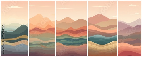 Colorful mountain landscape seamless pattern set. Abstract hill nature background collection in vintage colors. Panoramic travel backdrop print, multicolor outdoor texture illustration. Generative AI