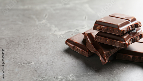 Pieces of tasty chocolate bars on grey table, space for text