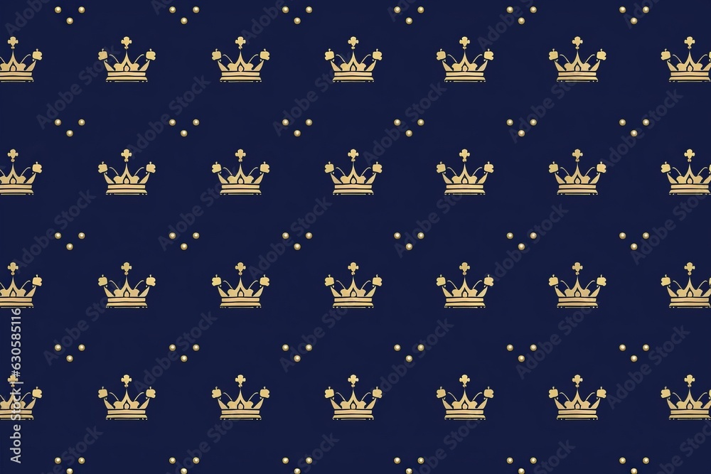 Fototapeta premium Navy blue seamless pattern in retro style with a gold crown. Can be use for premium royal designs, Generative AI