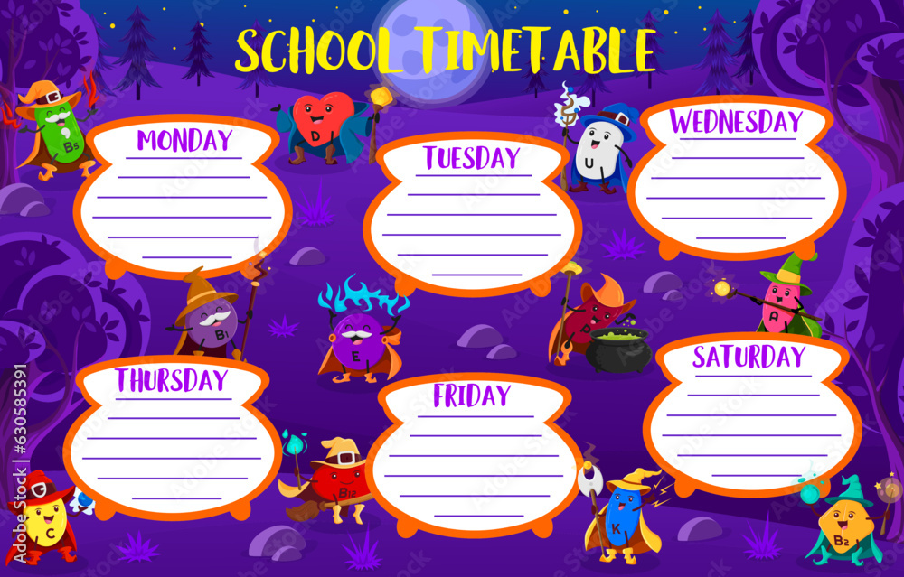 Education timetable schedule. Cartoon vitamin wizards and sorcerers in night Halloween forest. School vector weekly planner template with B5, D, U, B1, E, P and A. C, B12, K, B1 micronutrient capsules - obrazy, fototapety, plakaty 