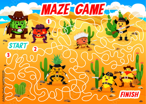 Labyrinth maze. Help cartoon Western fruit sheriff to find robbers in desert kids game puzzle. Wild West fruit characters vector worksheet with labyrinth game, watermelon, apple and mango personages