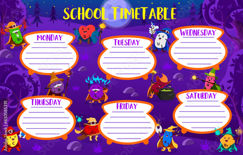 Education timetable schedule. Cartoon vitamin wizards and sorcerers in night Halloween forest. School vector weekly planner template with B5, D, U, B1, E, P and A. C, B12, K, B1 micronutrient capsules