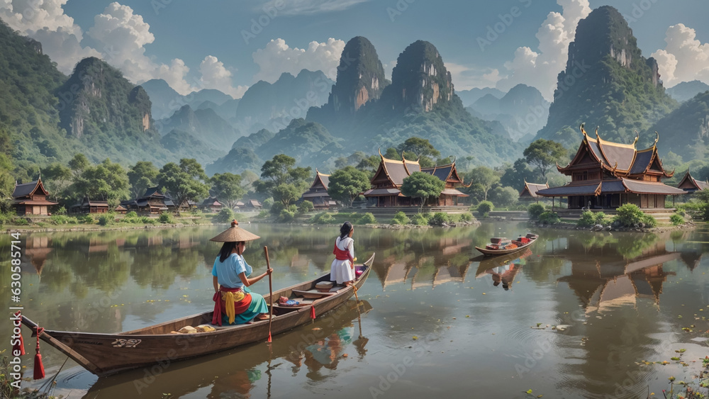 Asian woman gracefully navigating a boat amidst the breathtaking scenery of Thai temples, lush forests, and majestic mountains in the background presents a serene and harmonious connection with nature Asian woman gracefully navigating a boat amidst the breathtaking scenery of Thai temples, lush forests, and majestic mountains in the background presents a serene and harmonious connection with nature