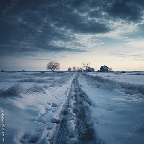 winter road field, winter road, The winter road in a desolate area is covered in pristine white snow