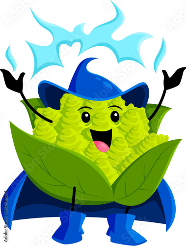 Cartoon Halloween romanesco cabbage vegetable sorcerer character. Isolated vector raw veggies mage. Whimsical wizard healthy food personage with magical power harnessing enchanting energy of nature