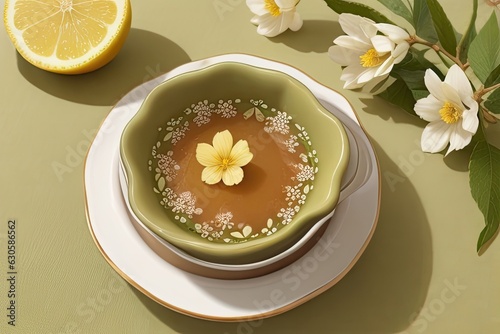 picture of Iaso Tea in a table with ginger and lemon, and some little flowers photo