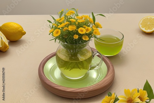 picture of Iaso Tea in a table with ginger and lemon, and some little flowers photo