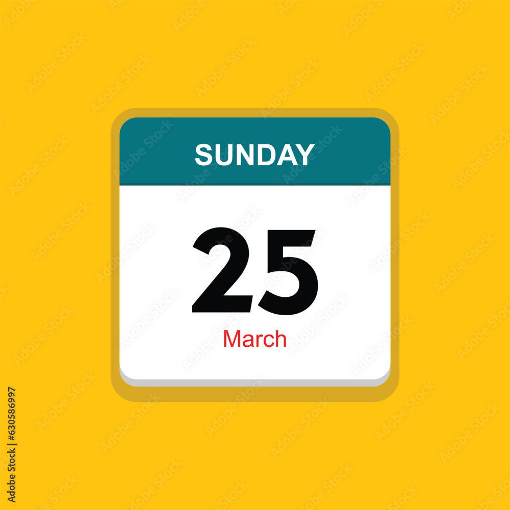march 25 sunday icon with yellow background, calender icon