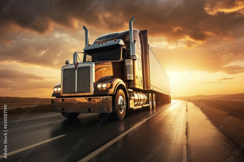 Majestic Sunrise Drive: A Semi Truck Journeying Along the Open Road, Generative AI