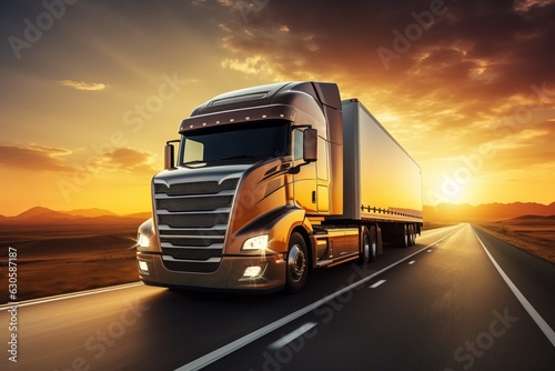 Majestic Sunrise Drive: A Semi Truck Journeying Along the Open Road, Generative AI