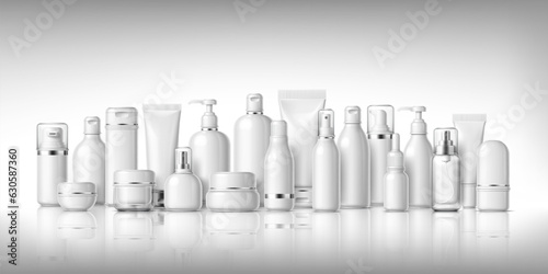 Mockups of beauty cosmetics products. White package containers. Realistic 3d vector blank plastic bottles, cream jars or tubes, deodorant, liquid soap, sprayer, pump packs stand on reflective surface