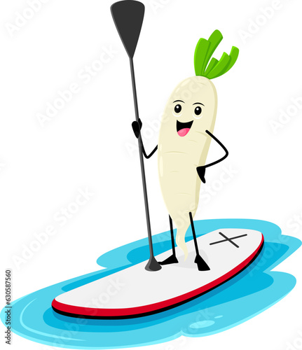 Cartoon cheerful daikon radish vegetable character on a sup board with paddle in hand, enjoying summer vacation. Isolated vector happy ripe veggies personage steering towards fun during the holidays