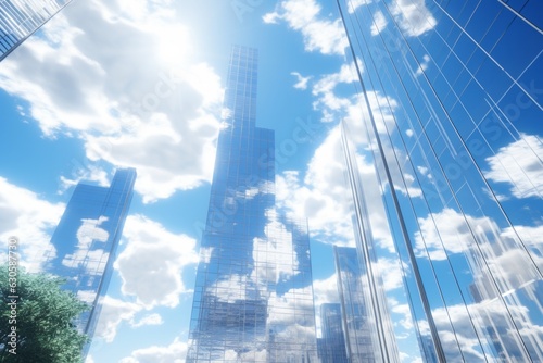 Modern Cityscape with Towering Skyscrapers and Reflective Glass against the Blue Sky, Generative AI