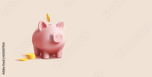 Pig piggy bank with gold coins pile. 3d render realistic vector illustration, bank digital icon