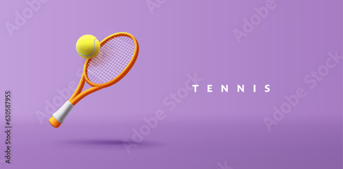 3d Vector Tennis Racket with Ball illustration, Sport and Game competition poster.