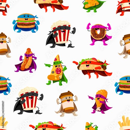 Cartoon fast food superhero characters pattern. Vector seamless background with burger, pop corn, taco, coffee cup and donut. Chicken leg, pizza and nachos fastfood personages in super hero costumes