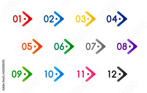 Number bullet point and arrow icons for infographics or presentation, vector pointers. Number bullet points or buttons for headline list or title market tag, arrow symbols and next page info elements