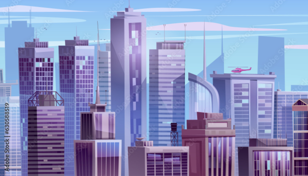 Cartoon skyscraper cityscape vector background. Urban street sky scene with business office window panorama game environment. Abstract perspective view on corporate architecture scape on sunny day