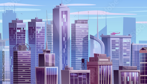 Cartoon skyscraper cityscape vector background. Urban street sky scene with business office window panorama game environment. Abstract perspective view on corporate architecture scape on sunny day