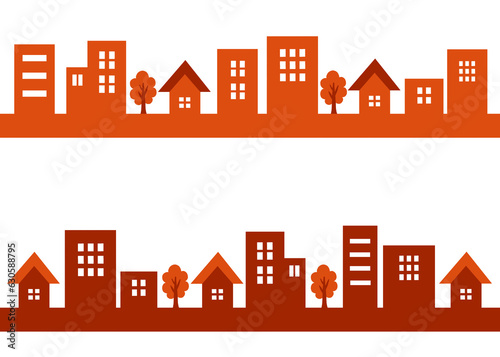 シンプルな街並みのセット シルエット 赤 オレンジ色