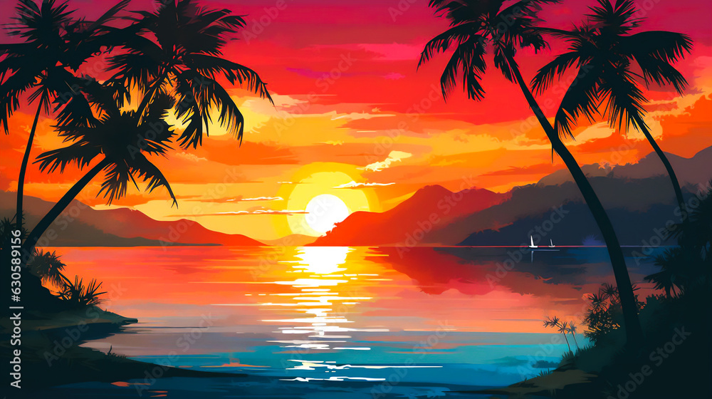 A serene image showcasing a colorful sunset casting a warm glow over a calm ocean, with silhouettes of palm trees in the foreground, symbolizing hope and tranquility
