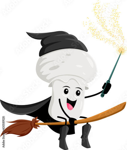Cartoon Halloween champignon wizard mushroom character. Isolated vector mysterious fungus with magic wand soaring through the sky on a broomstick, exuding an aura of magic and enchantment