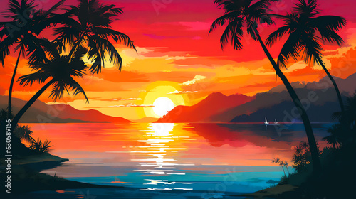A serene image showcasing a colorful sunset casting a warm glow over a calm ocean, with silhouettes of palm trees in the foreground, symbolizing hope and tranquility © catalin