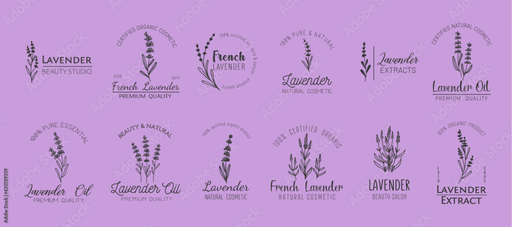 French lavender minimal icons. Oil, natural cosmetics and beauty symbols with lavender flowers. Vector plant or herb branches with leaves and flowers, lavandula floral bouquets isolated emblems set