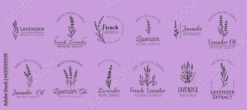 French lavender minimal icons. Oil, natural cosmetics and beauty symbols with lavender flowers. Vector plant or herb branches with leaves and flowers, lavandula floral bouquets isolated emblems set