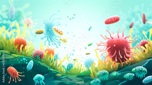 A vibrant illustration showcasing a diverse colony of microscopic gut bacteria, delicately balanced on a pale blue background