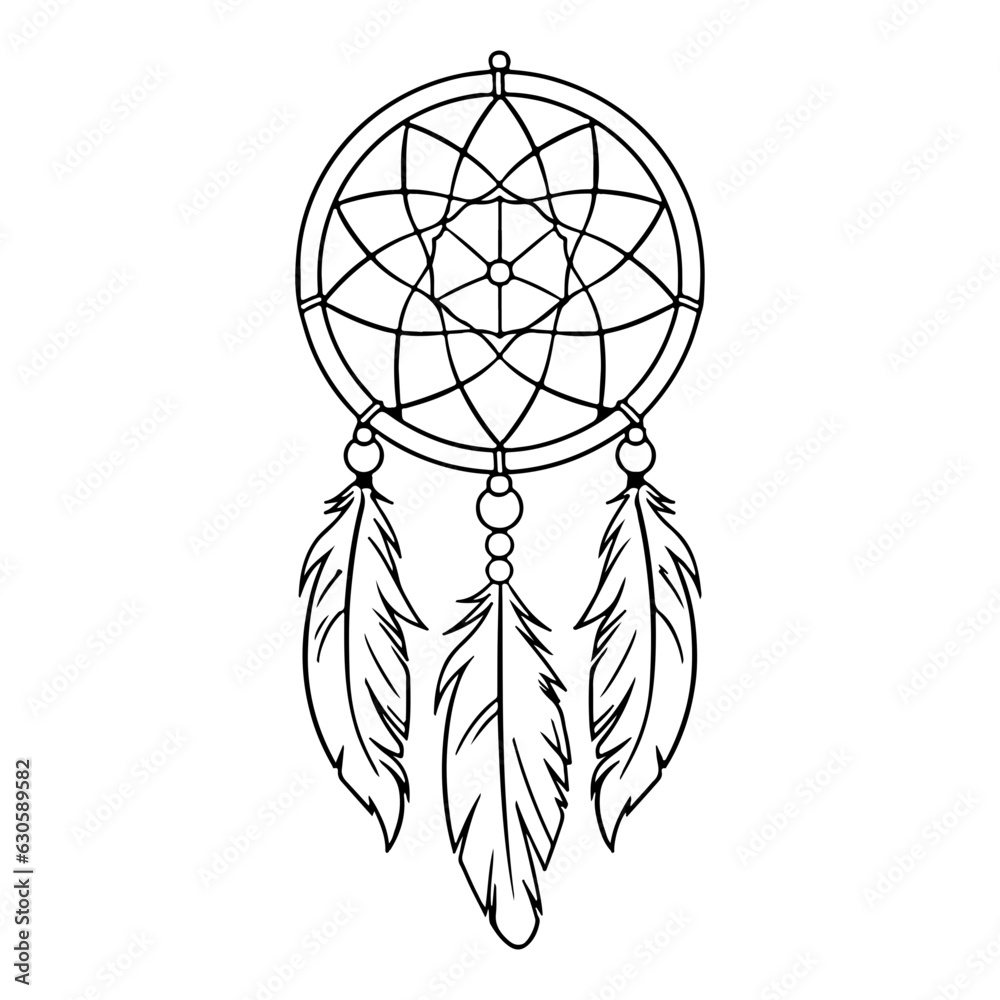 Obraz premium boho dreamcatcher, symbolism mascot made of weave and feathers, simple wicker mandala.